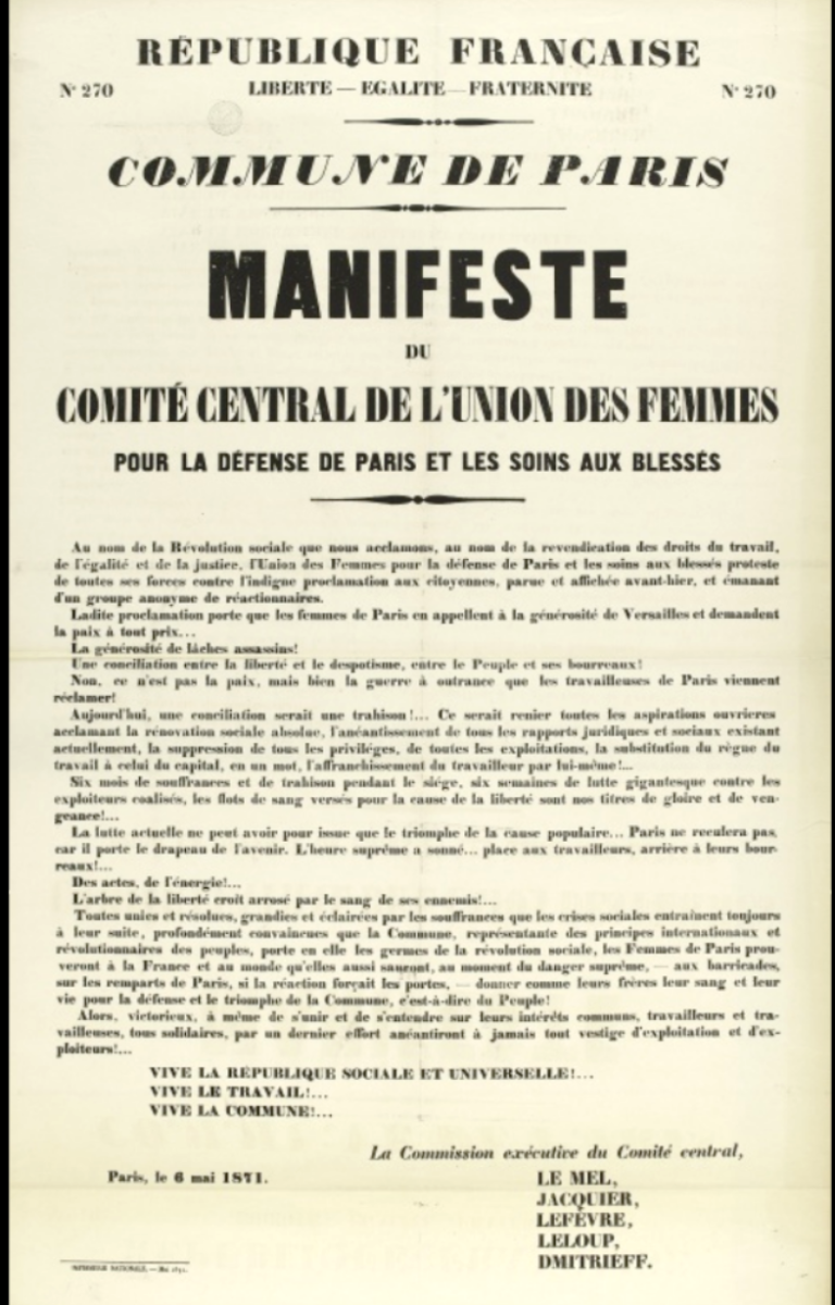 A União das Mulheres pela Defesa de Paris e os Cuidados dos Feridos. Manifestos durante a Comuna de Paris, de abril e maio de 1871