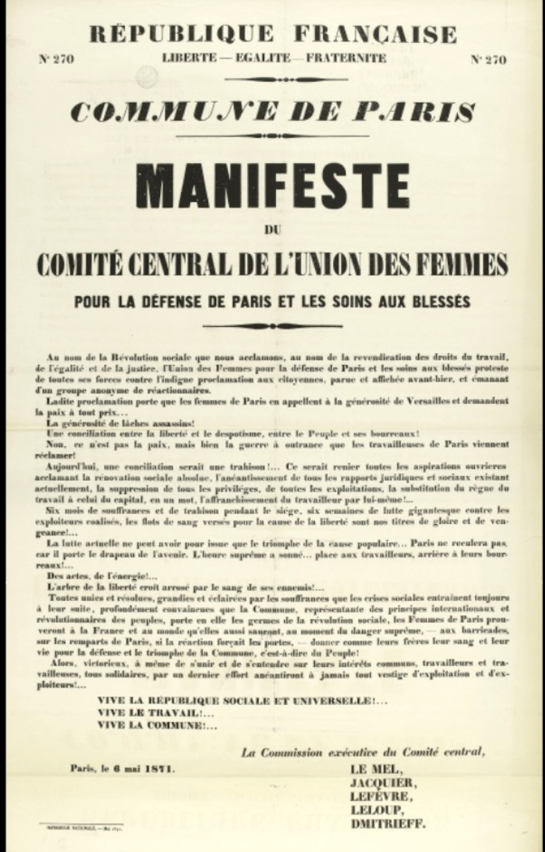 A União das Mulheres pela Defesa de Paris e os Cuidados dos Feridos. Manifestos durante a Comuna de Paris, de abril e maio de 1871
